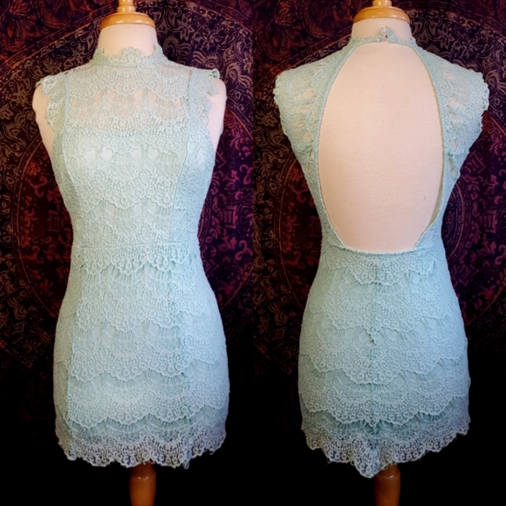 Free People Intimaley Mint Green  Open Back Crochet Lace Mini Dress Womens XS